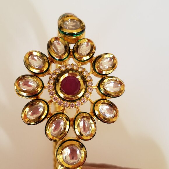 NWOT Statement Bracelet Elegant Kundan Enamel CZ Floral Design Hinged Bangle - Picture 6 of 13